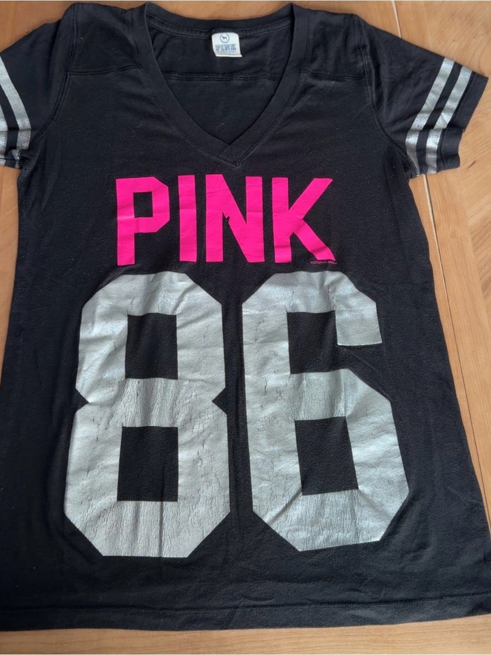 PINK Victoria's Secret Black V-Neck Tee with Hot Pink Logo and Silver Numbers